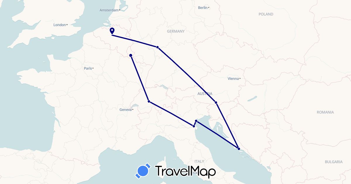 TravelMap itinerary: driving in Austria, Belgium, Switzerland, Germany, Croatia, Italy, Luxembourg (Europe)